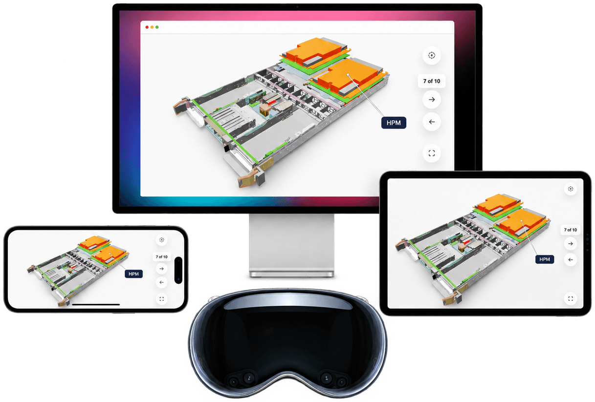 The same MGX tray Jig, at step 7 of 10 with the HPM labelled, open in a desktop browser, on an iPhone and on an iPad, with an Apple Vision Pro in front
