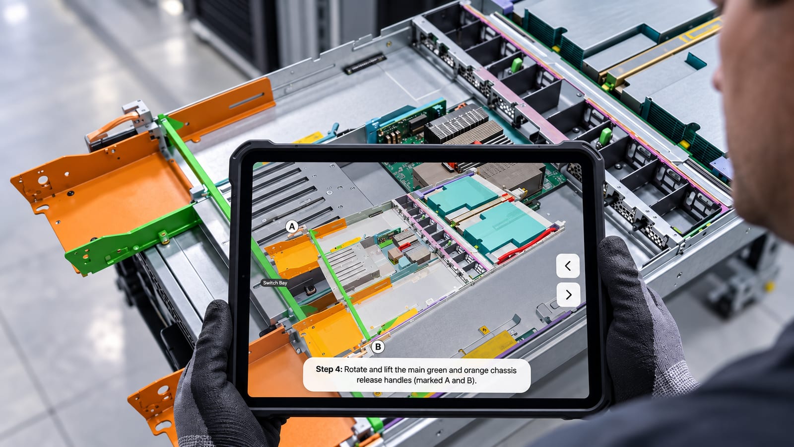 A technician in work gloves holds a rugged tablet over an open compute tray; the Jig on screen is at step 4 and highlights the green and orange chassis release handles, marked A and B