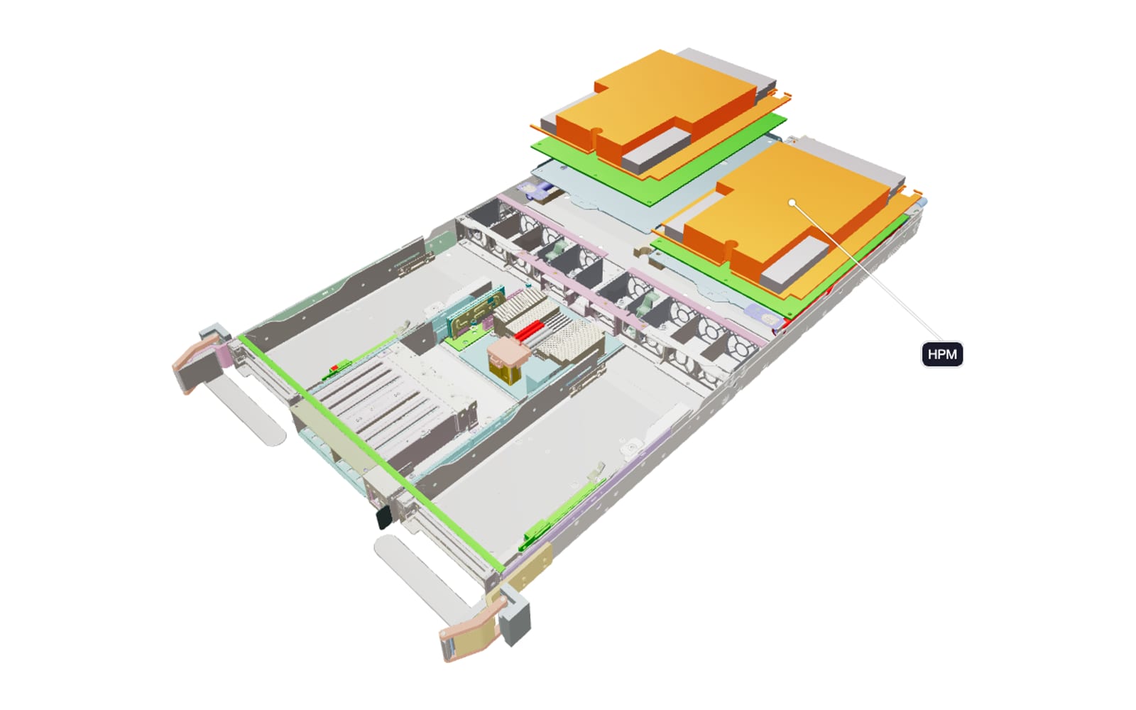The MGX tray Jig at step 6: the accelerator modules raised above the tray with a part label pointing at one of them