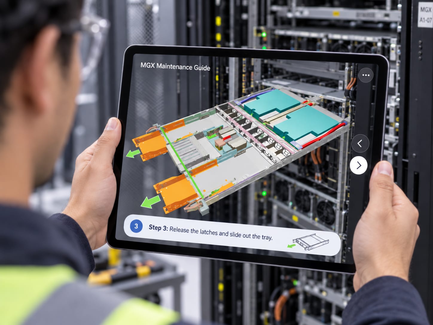 A technician in safety glasses and a hi-vis vest holds an iPad in front of a server rack; the Jig on screen, an MGX maintenance guide, is at step 3: release the latches and slide out the tray