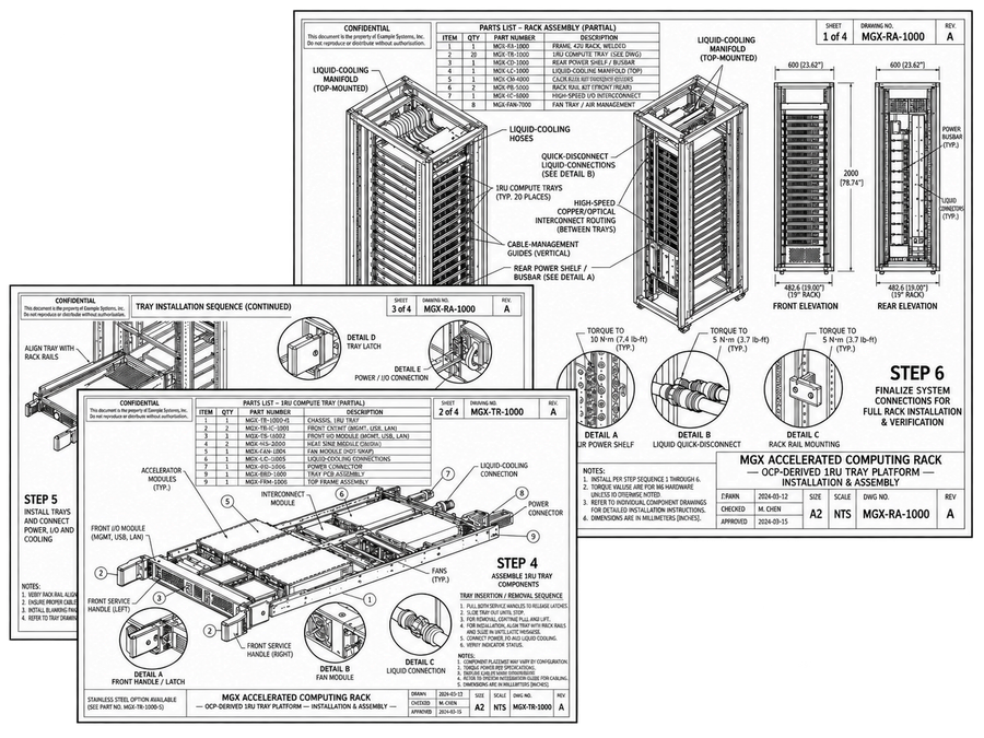 Three printed installation drawings for an accelerated computing rack: the rack assembly, the 1RU compute tray and the tray installation sequence, with parts lists, torque notes and detail call-outs