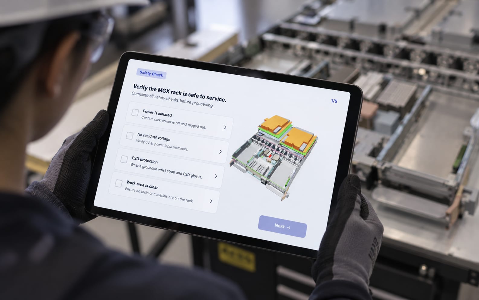 A technician in a hard hat and gloves holds an iPad at the equipment; the Jig shows a safety check for the MGX rack with four items to confirm: power is isolated, no residual voltage, ESD protection and a clear work area