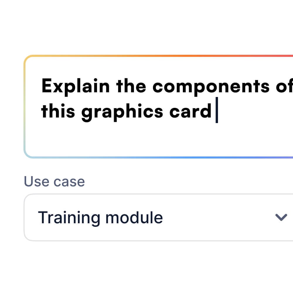 Jig Spark, step 2: a prompt reading “Explain the components of this graphics card”, with the use case set to Training module