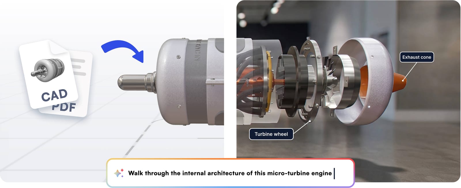 Jig Spark turning a CAD file and a PDF into a 3D walkthrough of a micro-turbine engine with labelled parts, from a one-line prompt